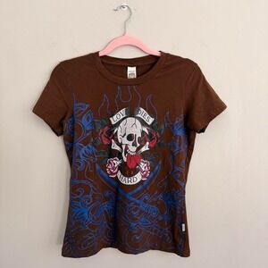 Y2K BROWN ED HARDY BY CHRISTIAN AUDIGIER 'LOVE DIES HARD' BABY TEE